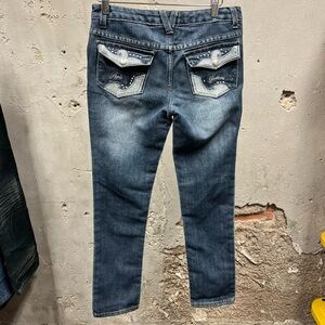 Apple Bottoms Vintage Y2K Silver Embroidered Low Rise Skinny Jeans 29x28 Denim